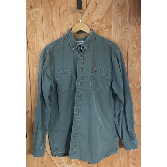 Carhartt Work Shirt Mens Large Tall LT Green Long Sleeve Distressed Workwear - Picture 1 of 10